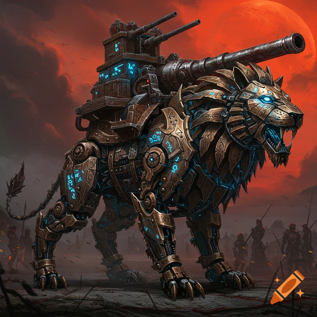 A mechanical war lion with cannons and glowing glyphs stands under a red sky.