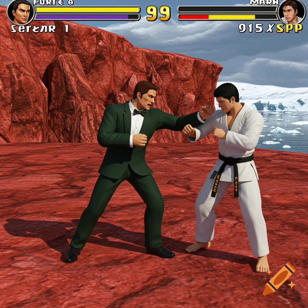 Screenshot from an early 3D fighting game. A man in a green suit fights a man in a white karate gi on a red rocky landscape with icebergs.