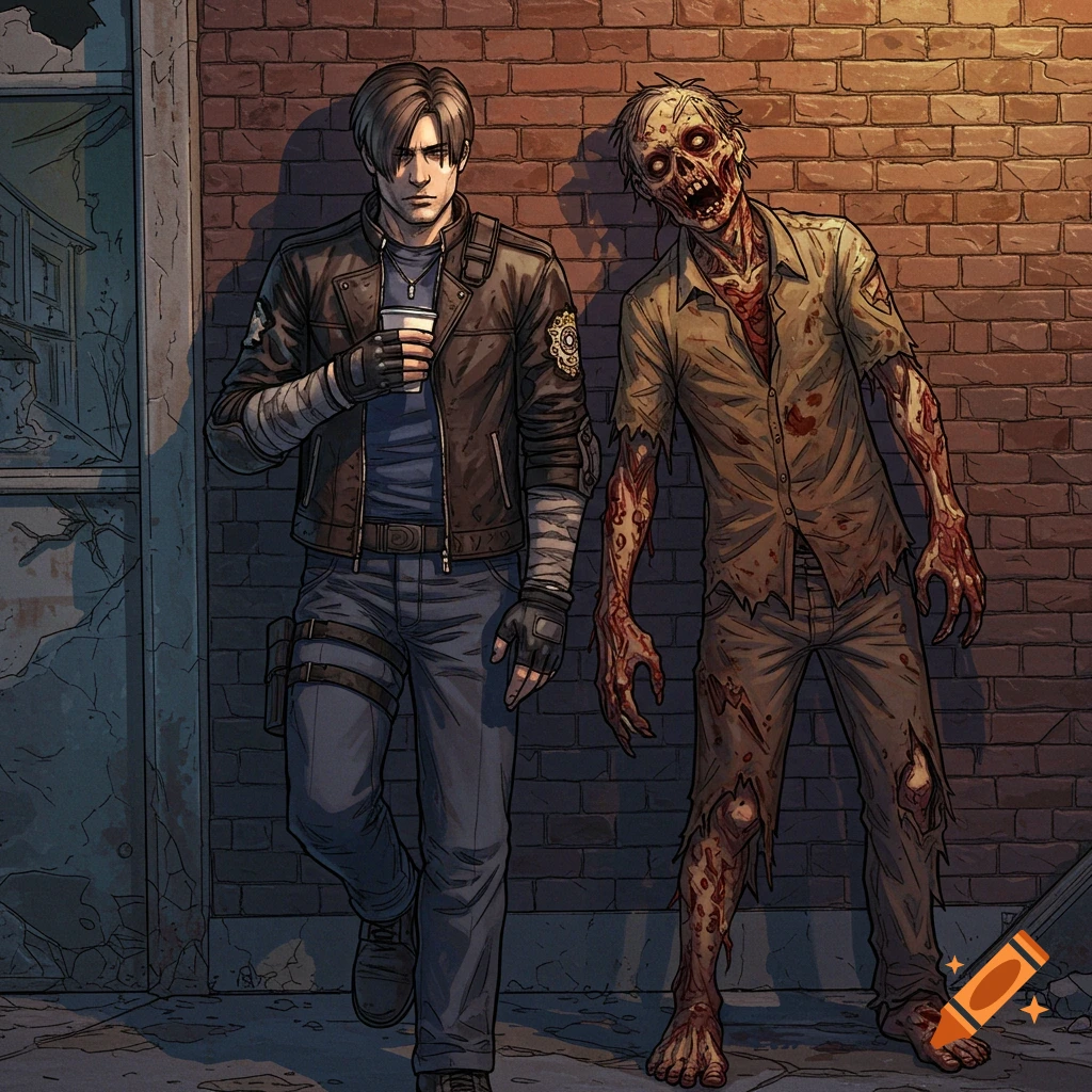 Leon Kennedy holding a cup and a zombie leaning against a brick wall.