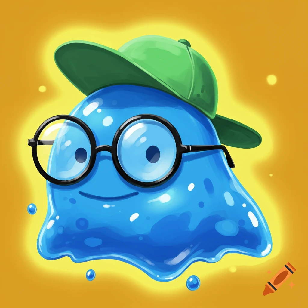 A blue slime creature wearing glasses and a green cap, digital illustration.