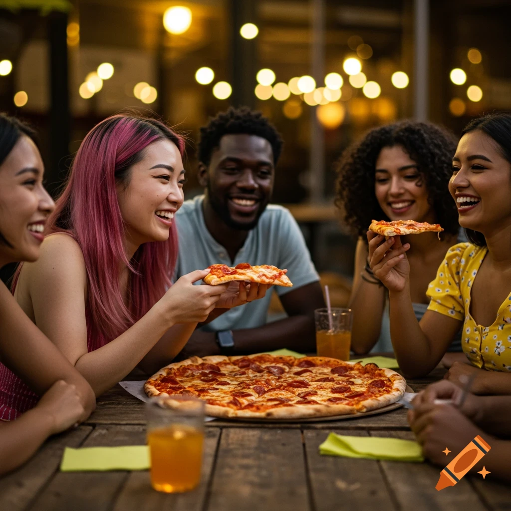 A multi-racial group of friends enjoys pizza together at a table outdoors at night.