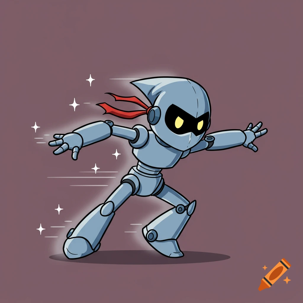 A cartoon robot ninja in a dynamic pose, appearing to move quickly, with sparks and motion lines around it.