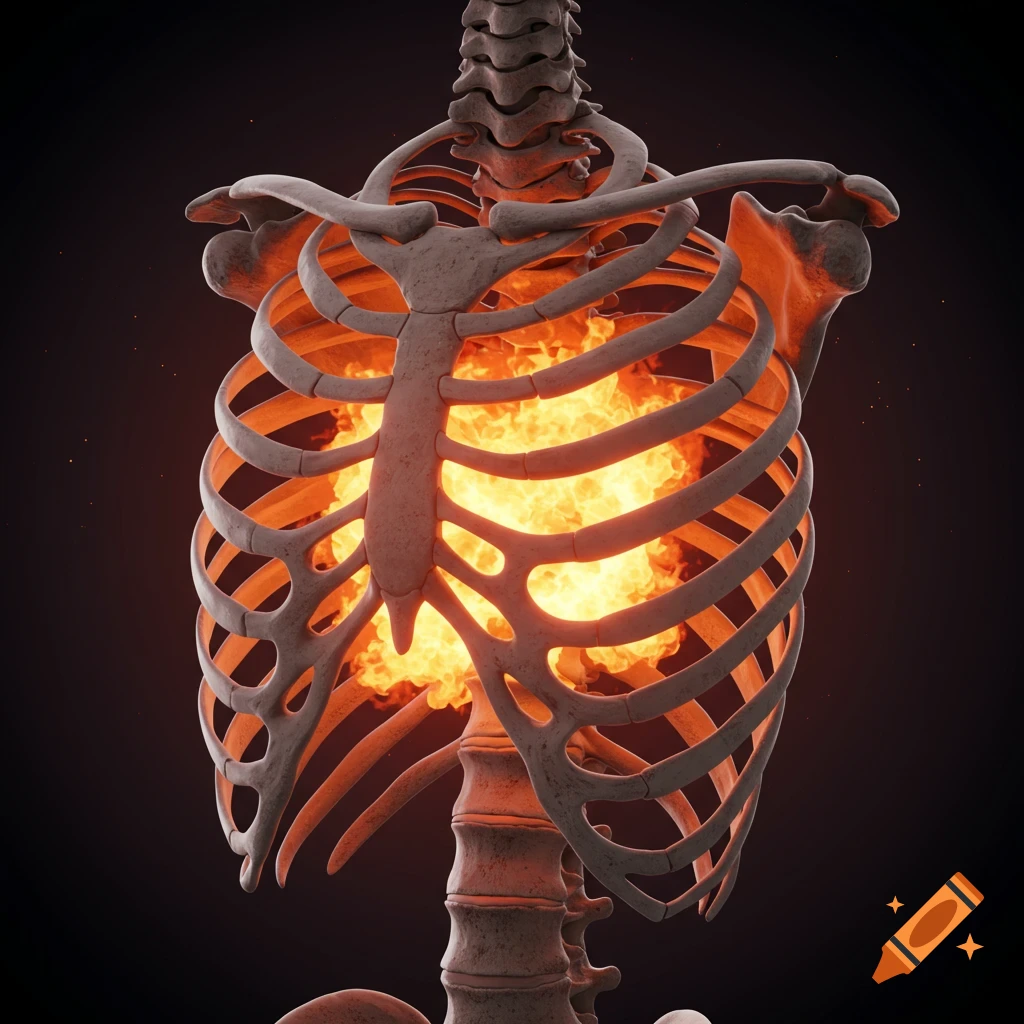 3D render of a skeleton ribcage filled with fire on a dark background.