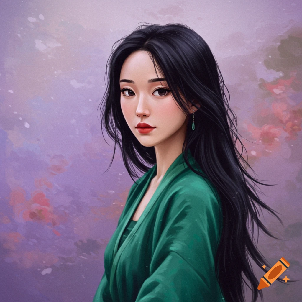 A woman with long black hair in a green robe against a purple and pink background.