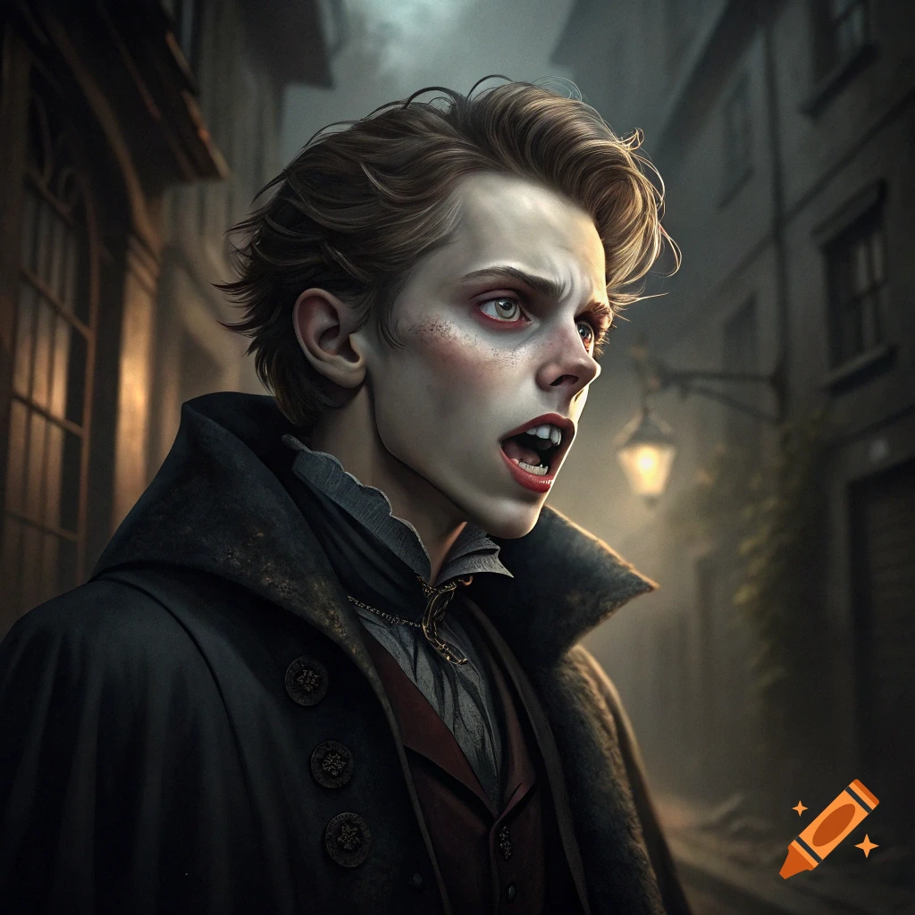 Close-up portrait of a pale vampire character with red eyes and fangs, wearing a cloak, on a dark street.