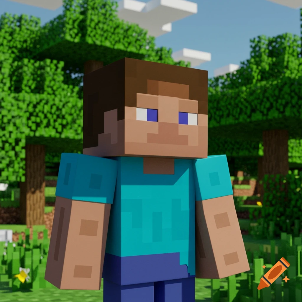Minecraft character Steve standing in a blocky forest