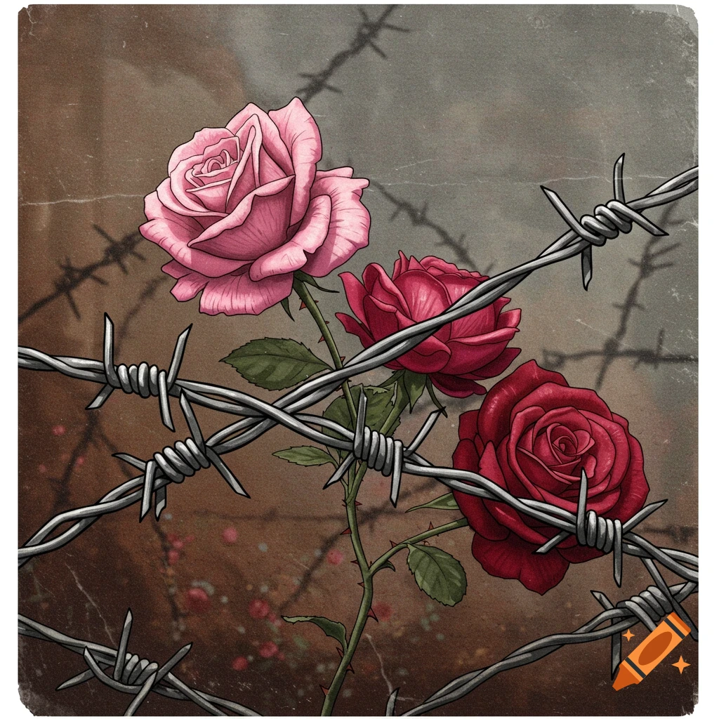A pink, red, and dark red rose entangled with barbed wire.
