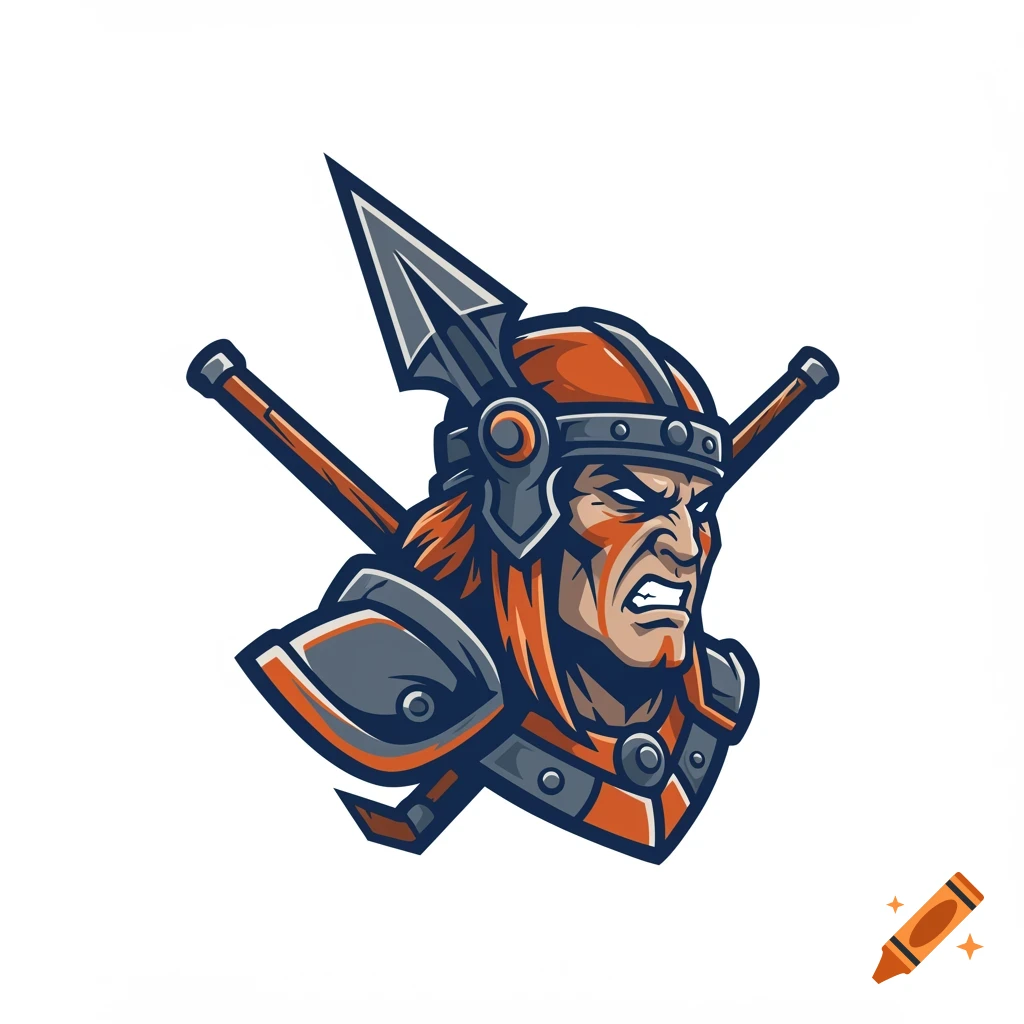 Stylized warrior head logo with helmet, war paint, and spear.