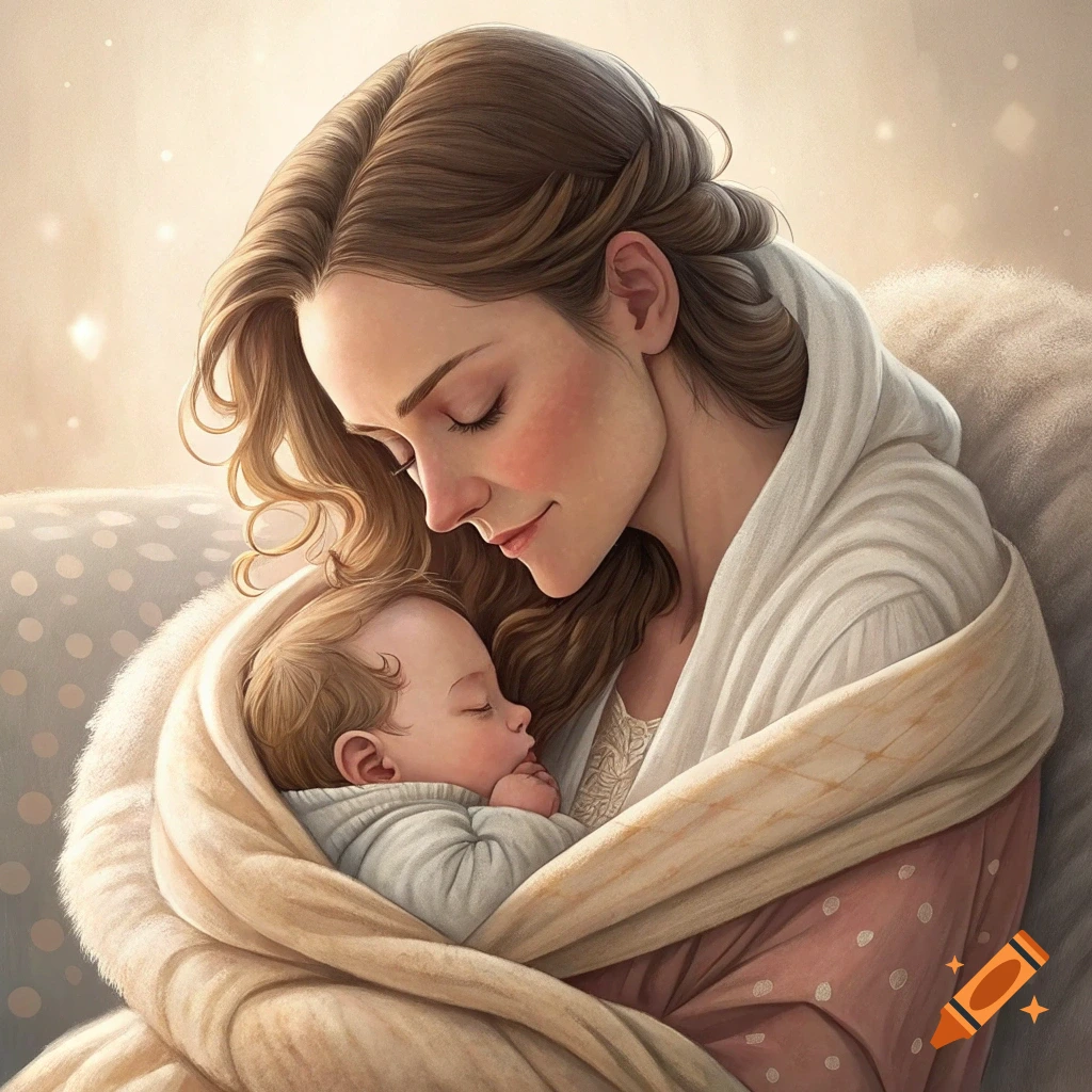 A mother holding a sleeping baby wrapped in blankets in warm light.