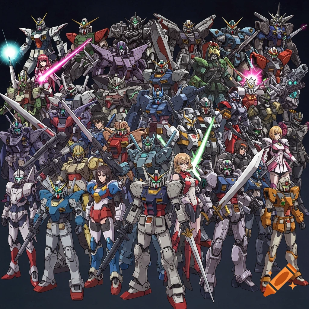 A large group of anime-style mechs and characters pose together with their weapons.