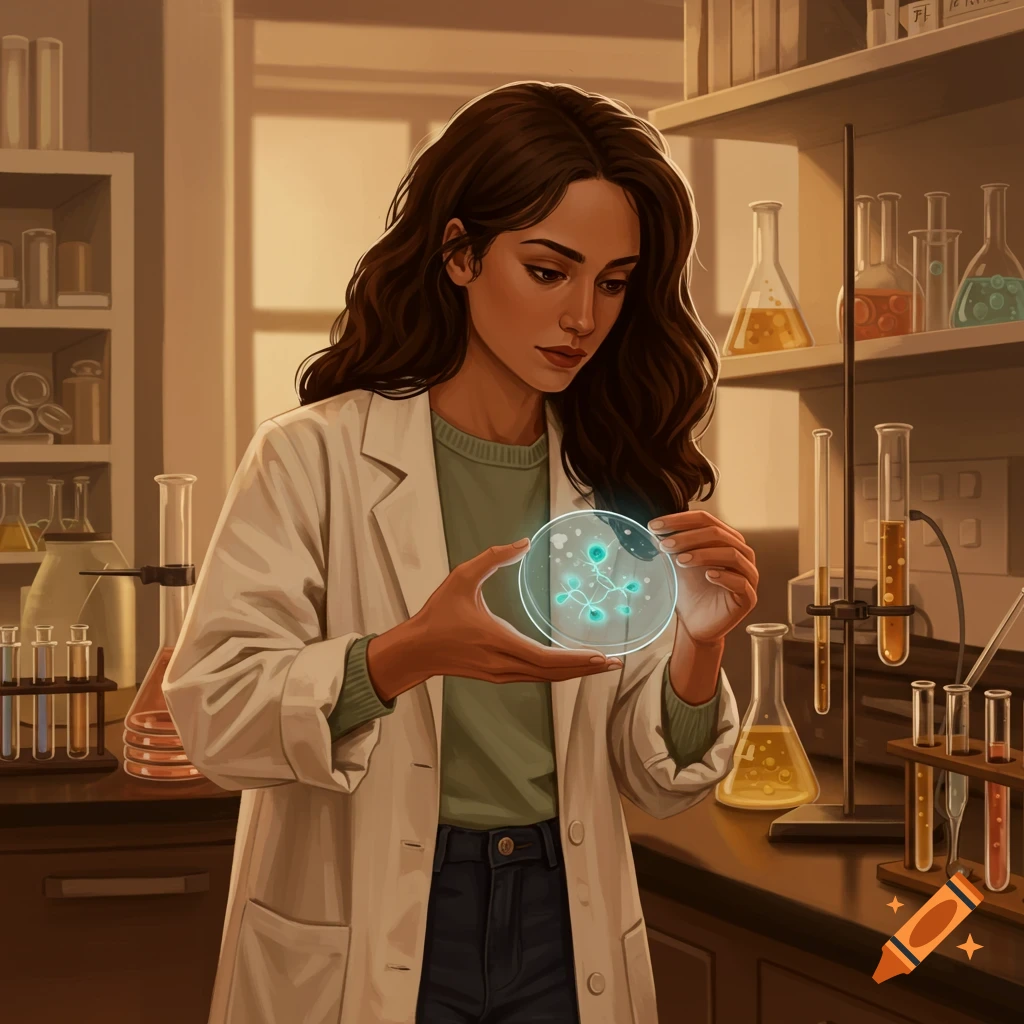 A female genetic scientist in a lab holding a petri dish.