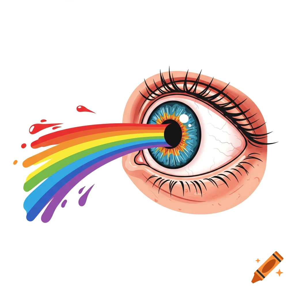 Vector art illustration of a side view of an eye shooting out a rainbow.