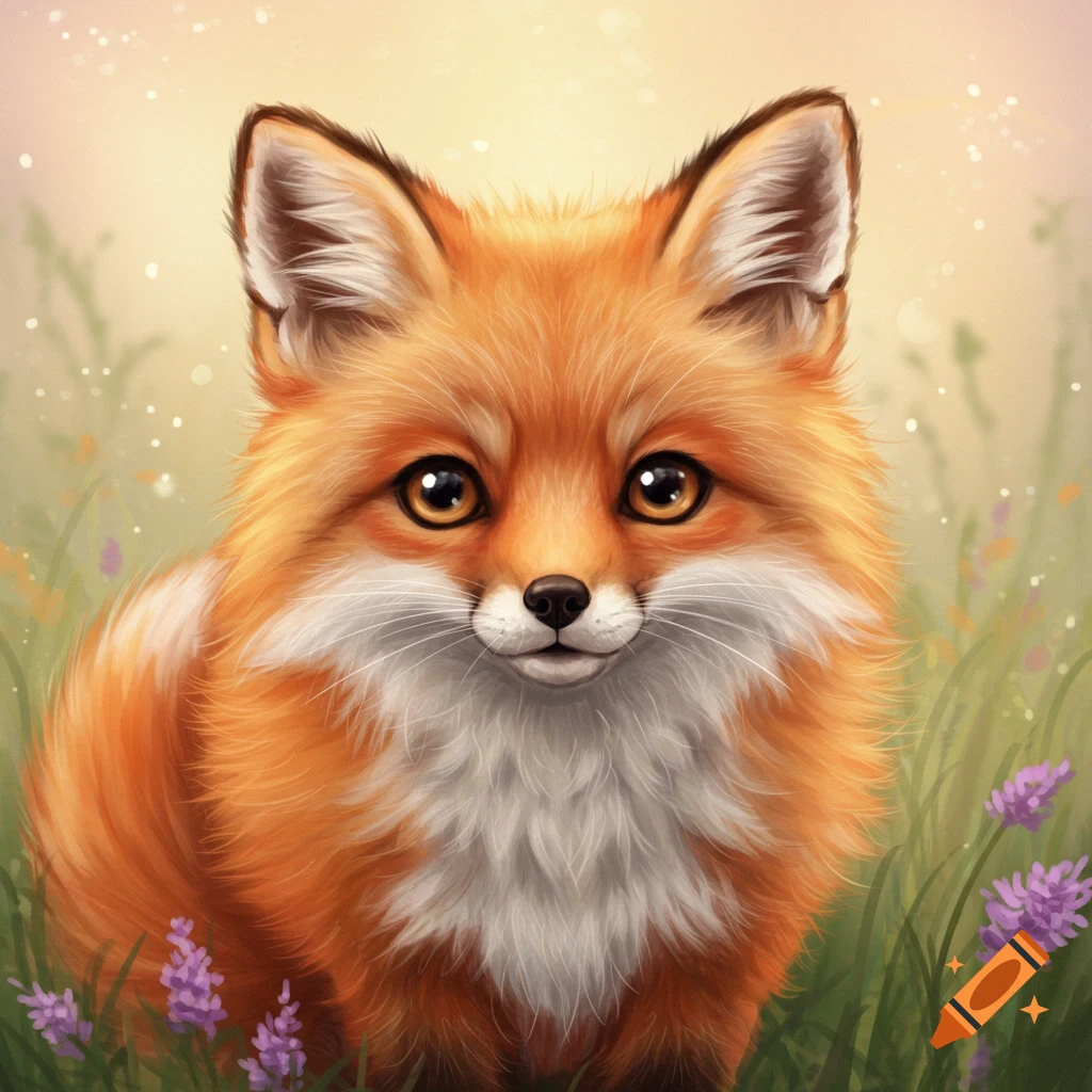 Cute red fox in a field of grass and purple flowers