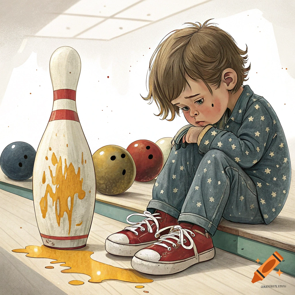 Illustration of a sad child sitting next to a bowling pin covered in yellow splatter.