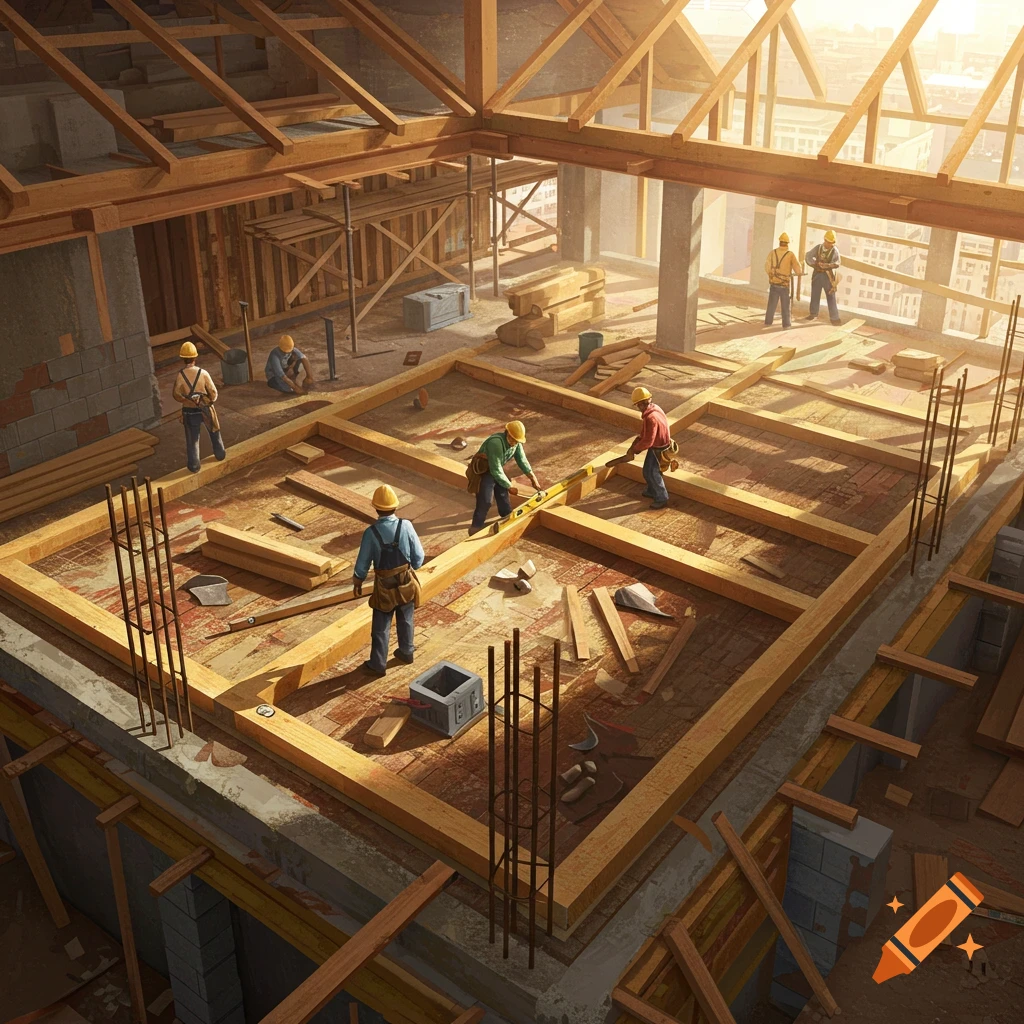 Carpenters are working on the wooden frame of a building under construction.