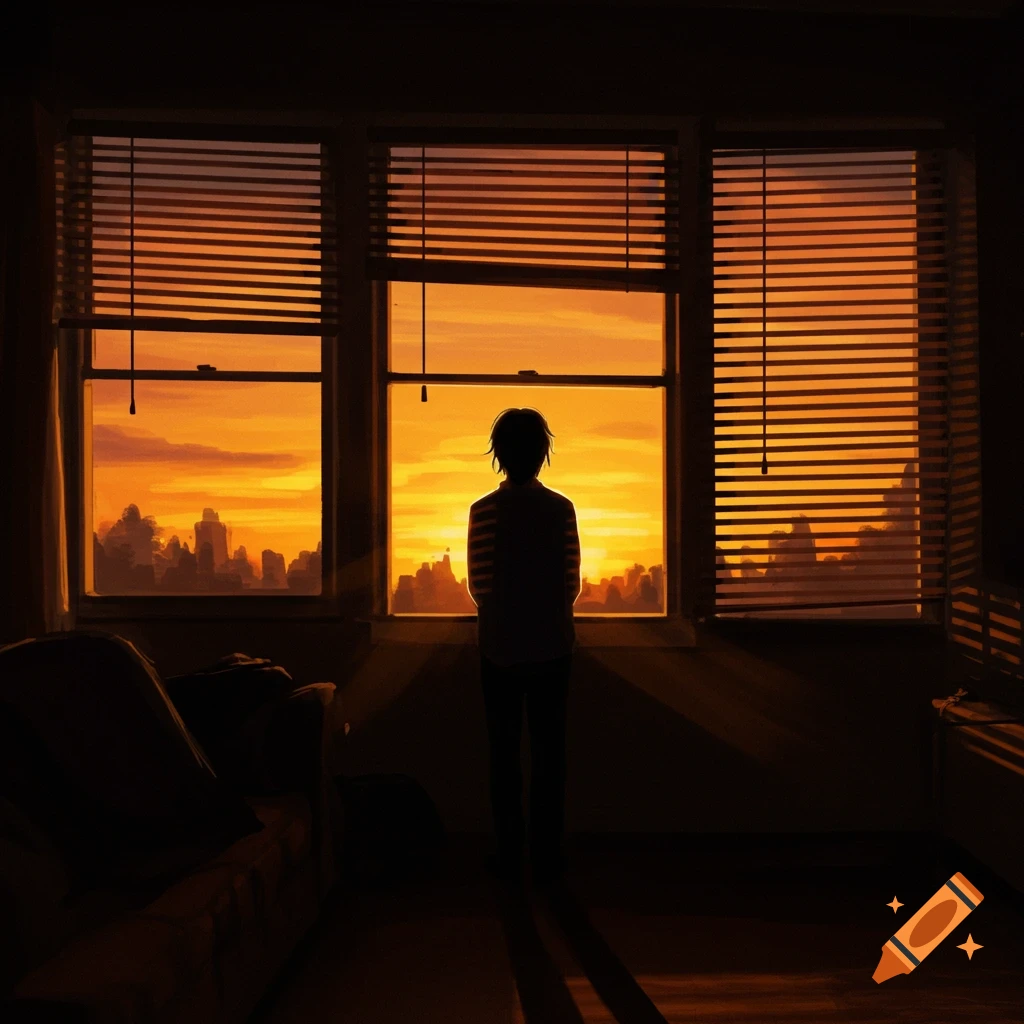 Silhouetted figure looks out a window at a vivid orange sunset over a city skyline.