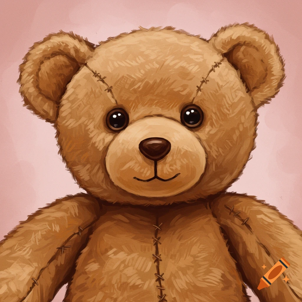 A brown teddy bear with stitching against a pink background.