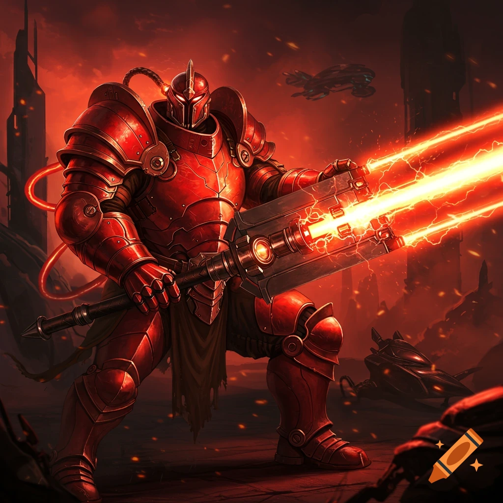 A bulky sci-fi knight in red armor holds a large energy weapon.