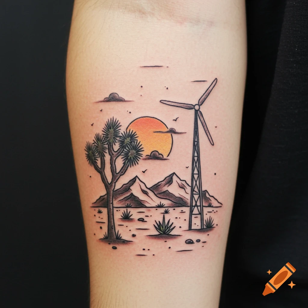 Simple illustrative tattoo of a desert landscape with a Joshua tree, mountains, windmill, and sunset on an arm.