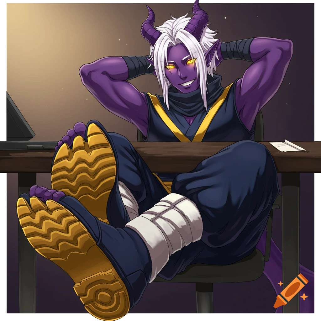 A purple-skinned tiefling man with white hair and yellow eyes, wearing black and gold ninja attire and split-toe boots, sits with his feet on a desk, leaning back with hands behind his head in an anime style.