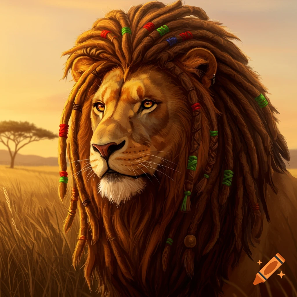 A lion with a mane of dreadlocks looking left in a savanna sunset.