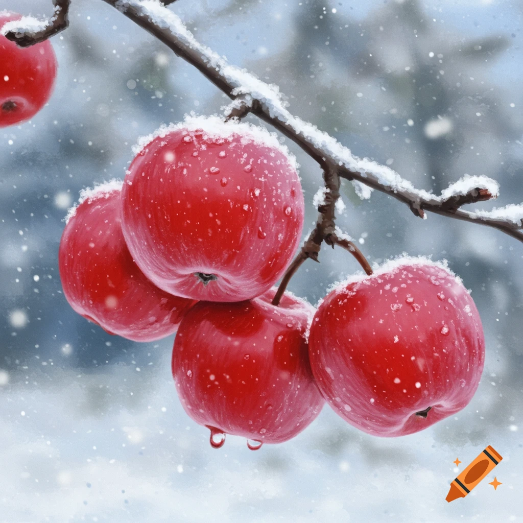 Red apples covered in snow and water droplets on a snowy branch during winter snowfall.