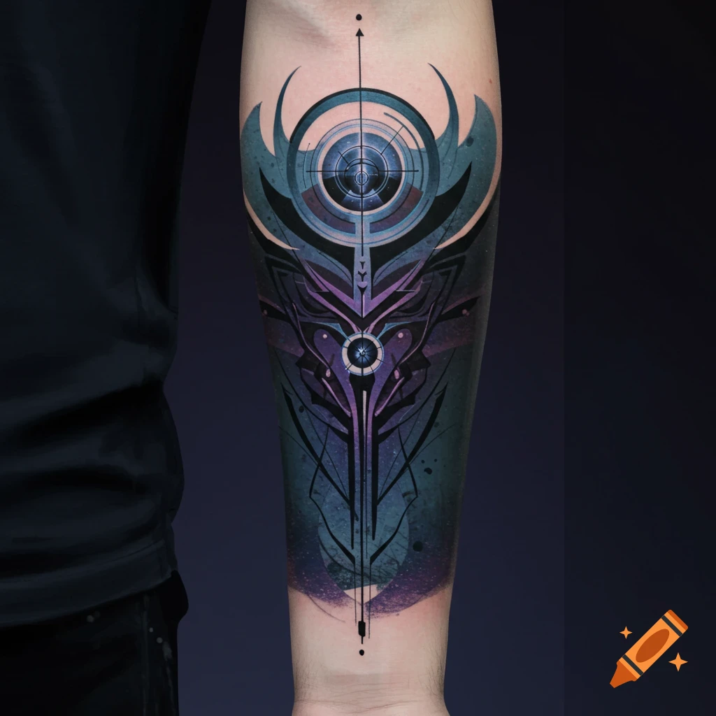 Geometric and abstract tattoo in blue and purple on a forearm.