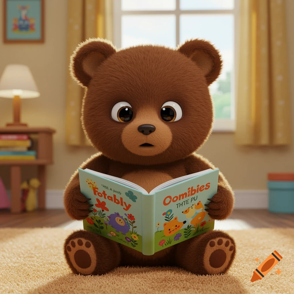 Cute cartoon teddy bear reading a colorful children's book.