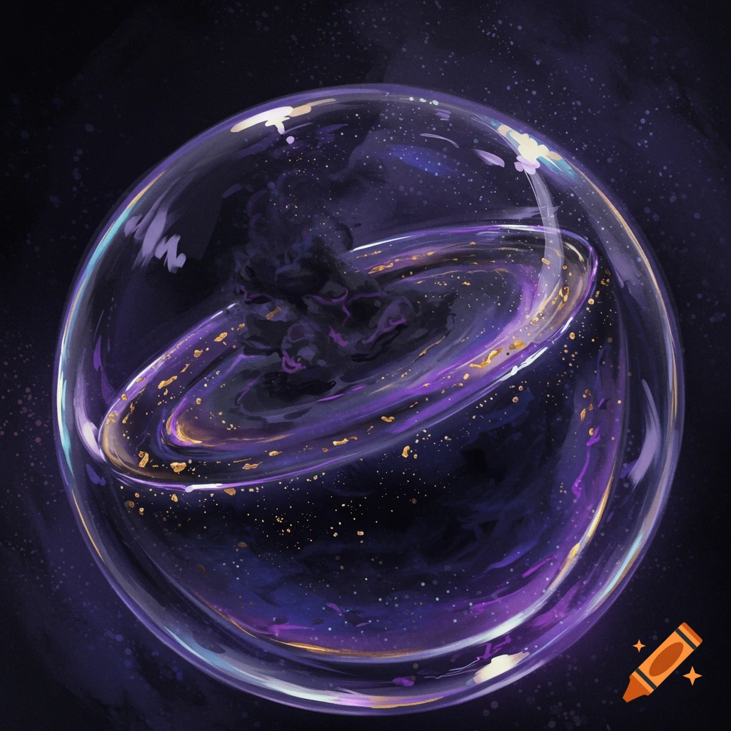 A clear sphere containing swirling purple cosmic patterns and golden dust.