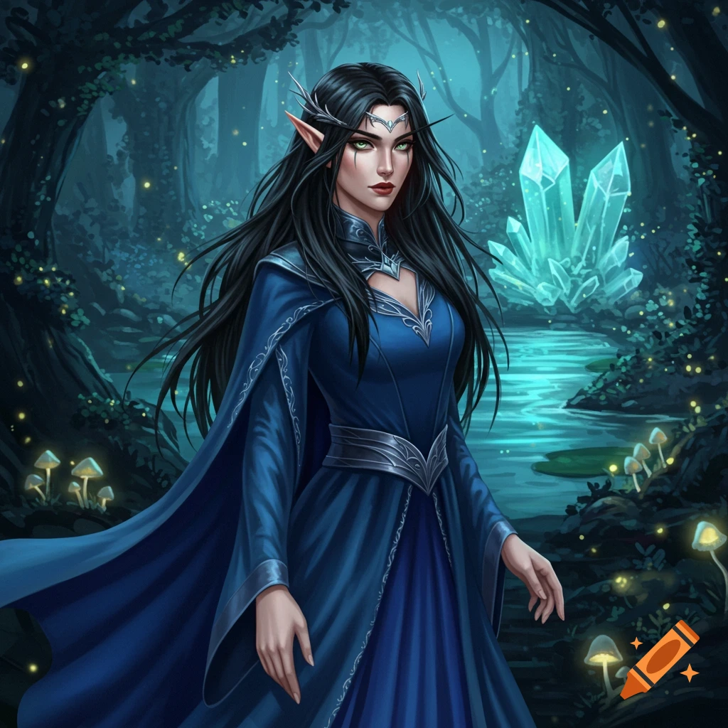 A fantasy elf with long black hair, green eyes, and a blue dress in a forest setting with glowing crystals.