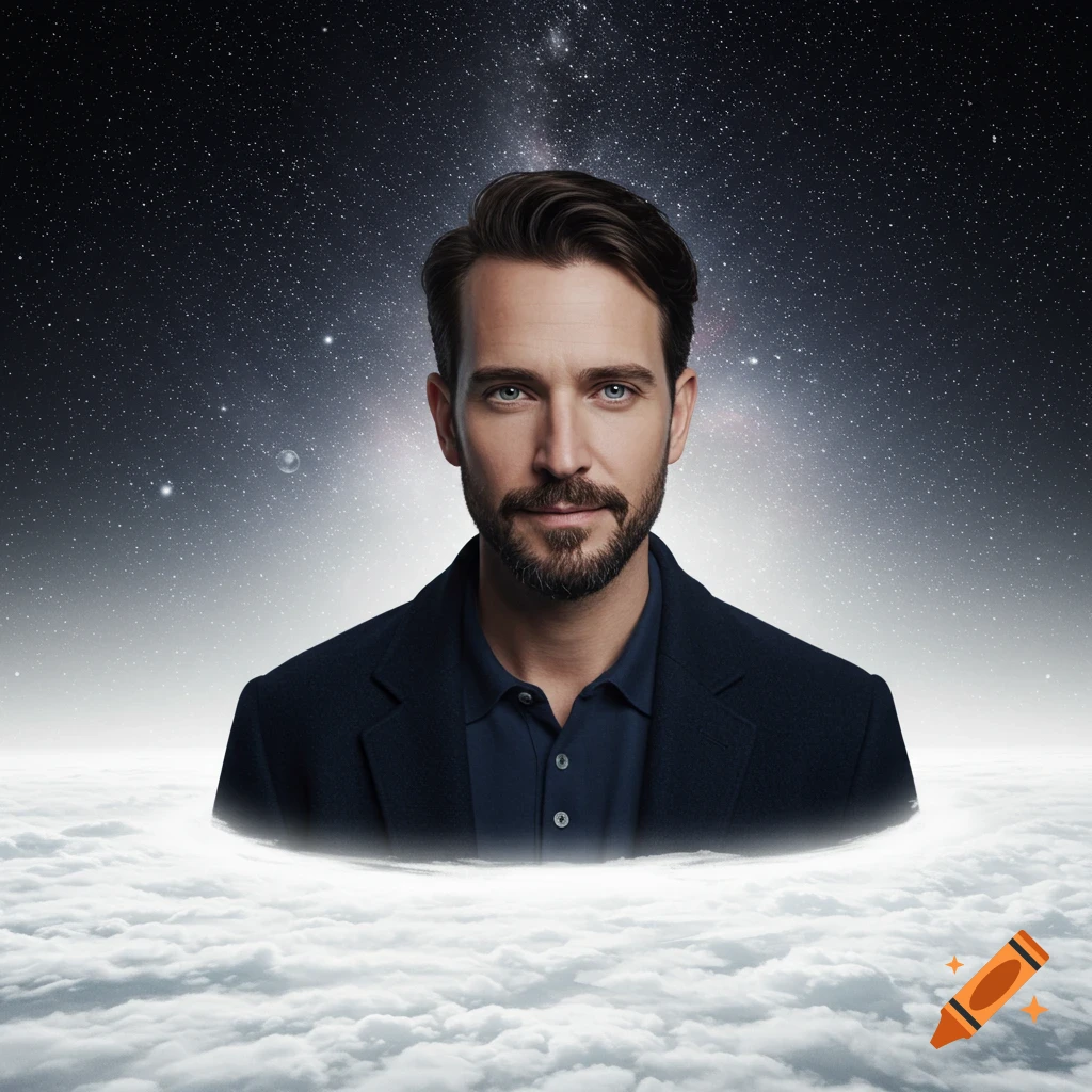 A man looking from clouds into a starry night sky.