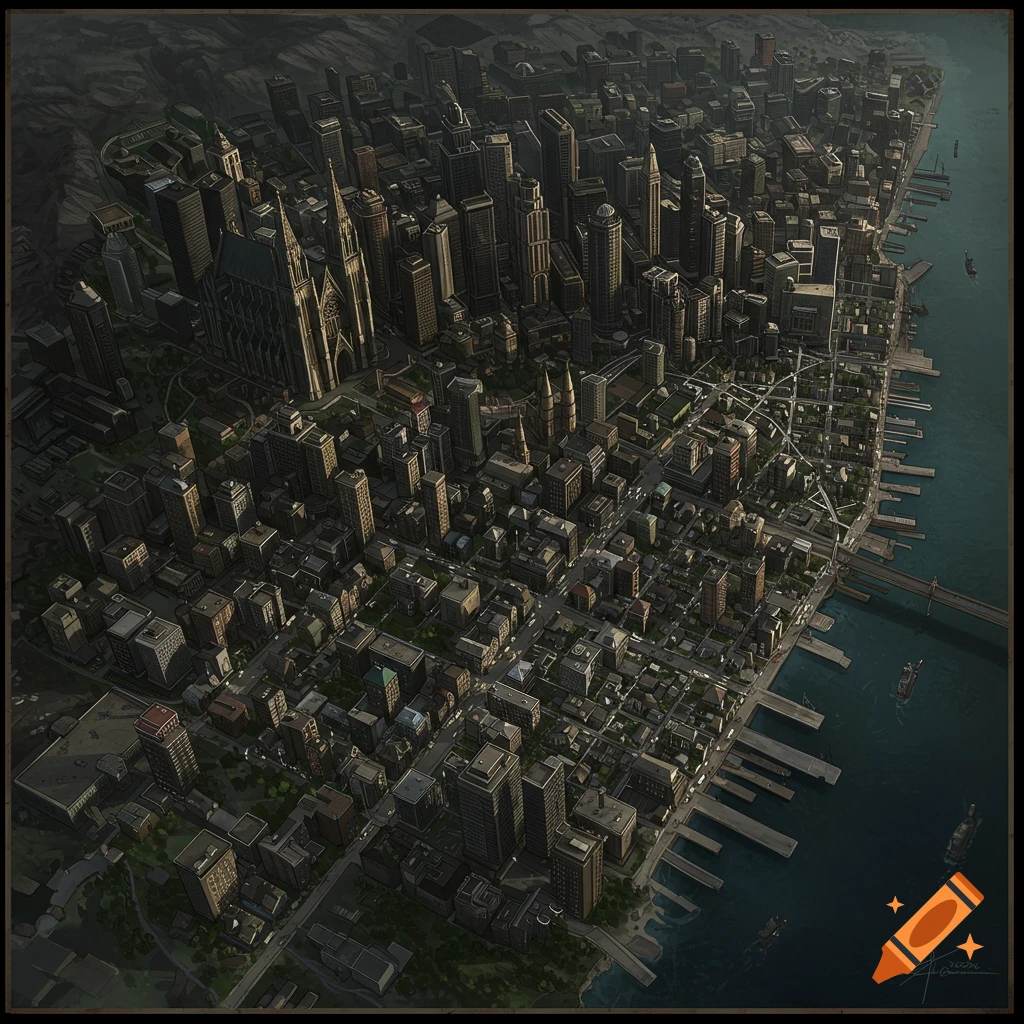 Detailed overhead of a sprawling city.