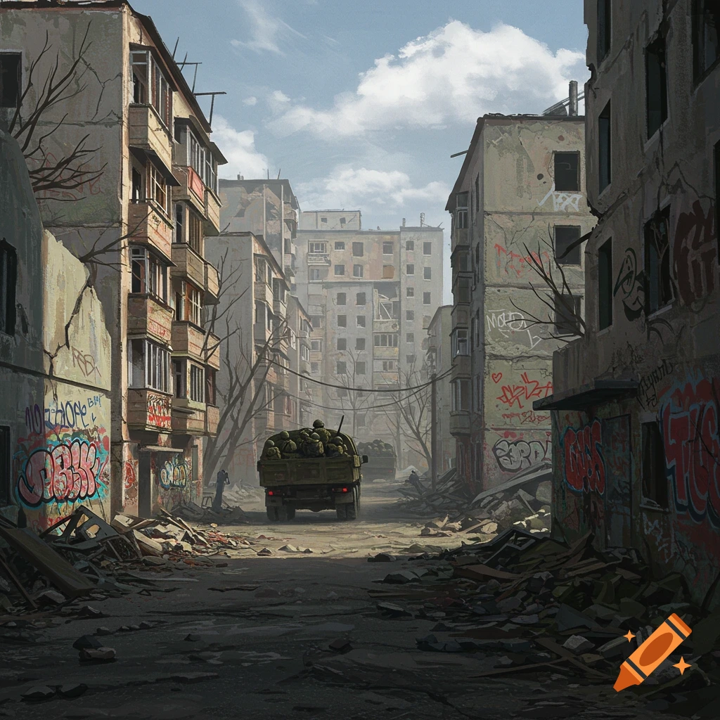 Ruined city street with rubble, graffiti, and a military truck.