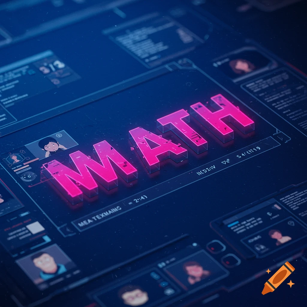 Glowing 3D text spelling MATH on a digital interface with avatars and data screens.