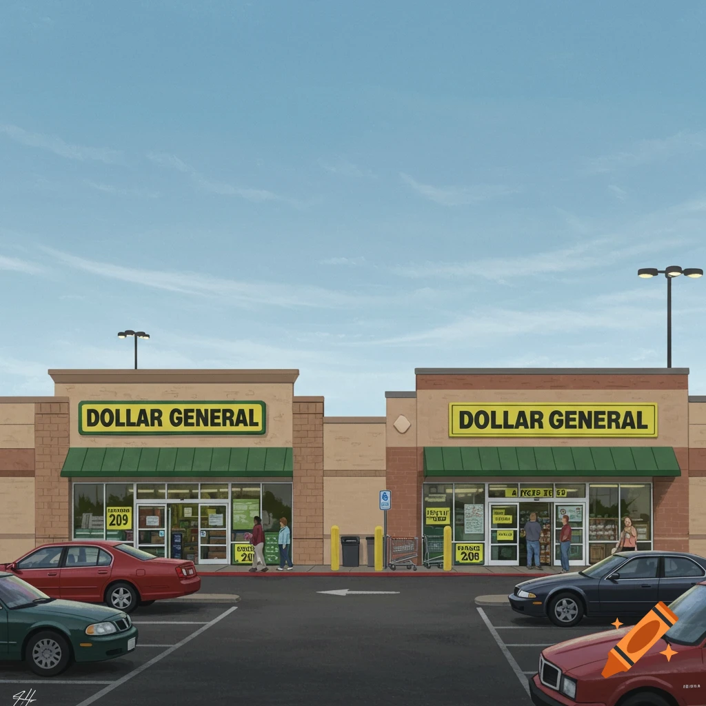 A Dollar General store front and parking lot with cars and people.