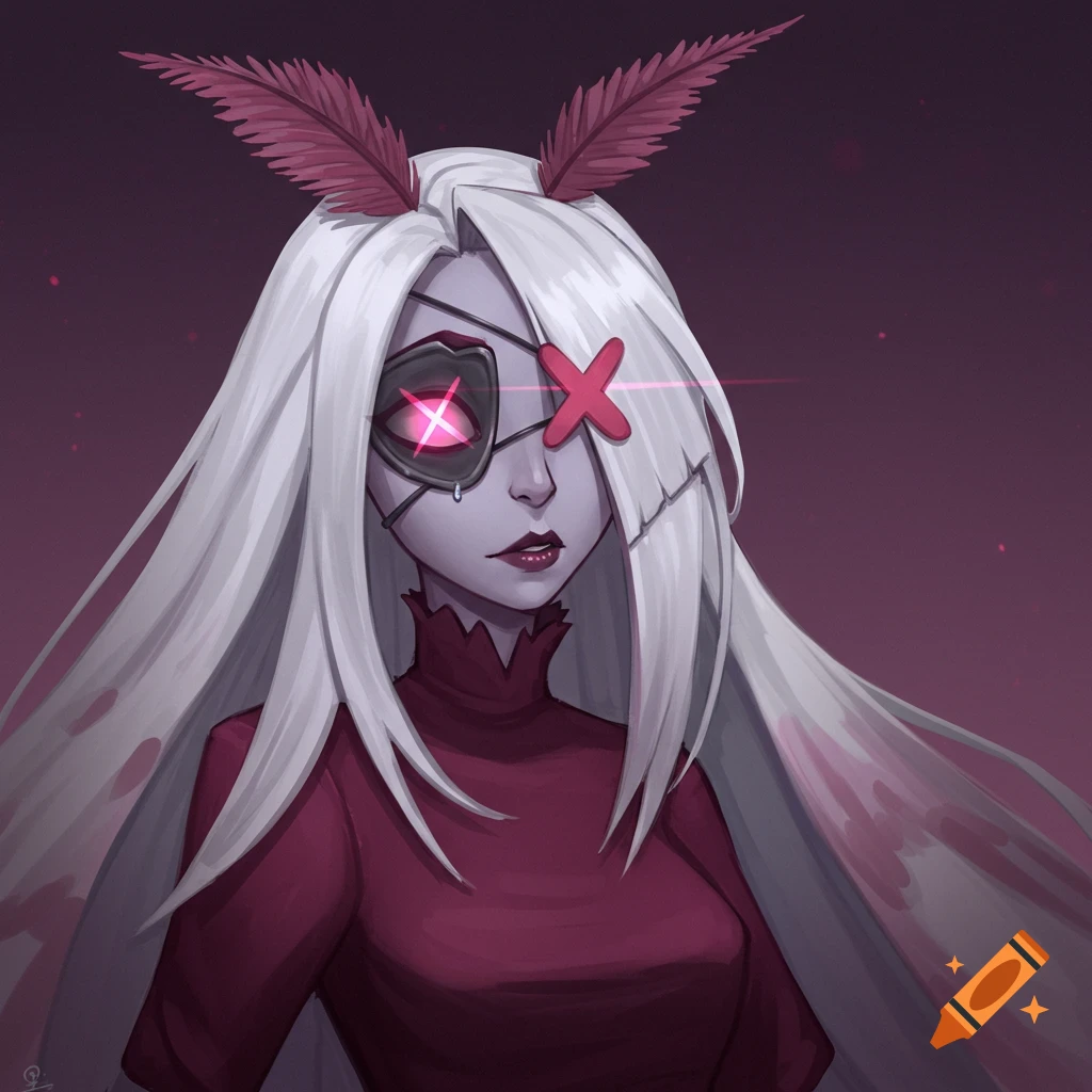 A portrait of a character with long white hair, an eyepatch with a glowing X, and a red high-neck dress.