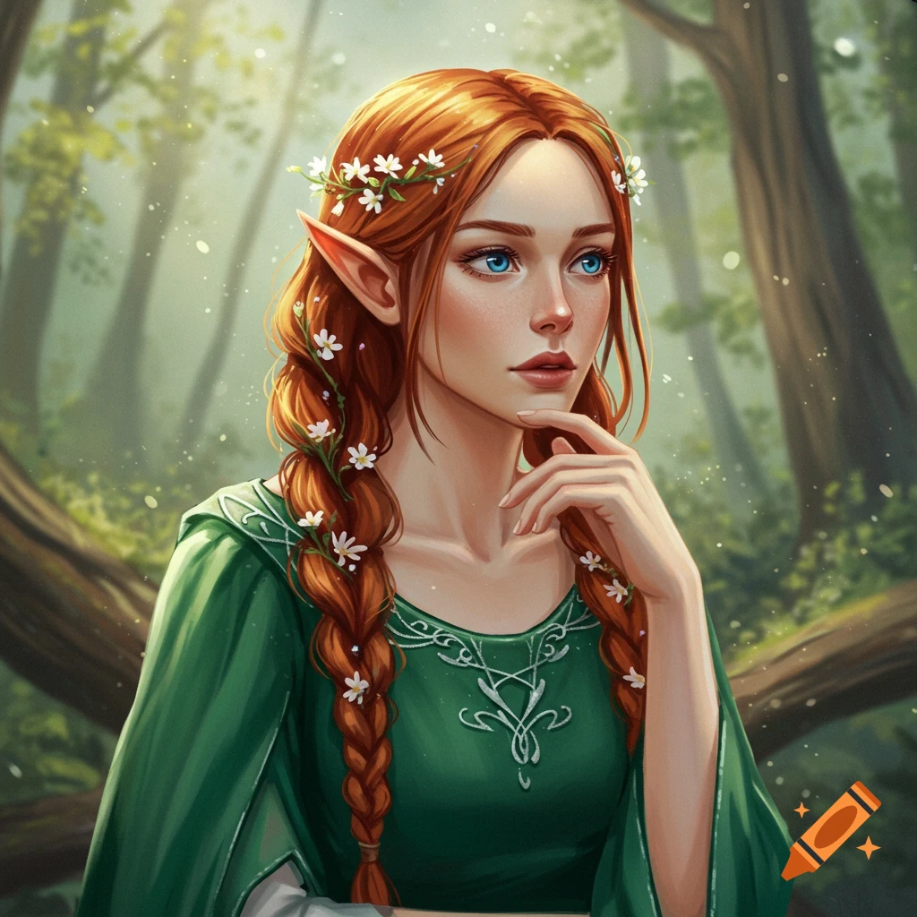 An elf woman with red braided hair and pointed ears, wearing a green dress, standing in a forest.