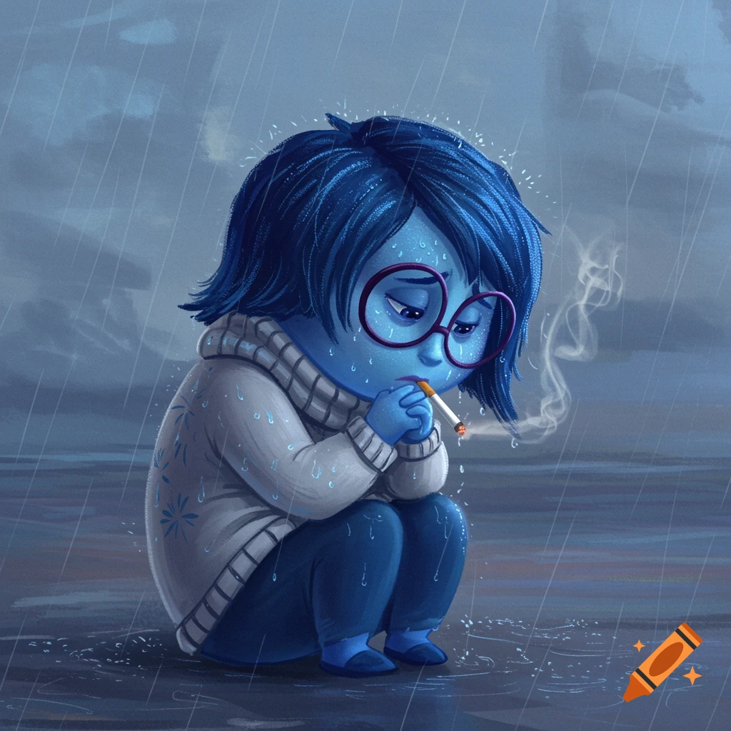 Sadness from Inside Out is sitting in the rain, hunched over and smoking a cigarette.