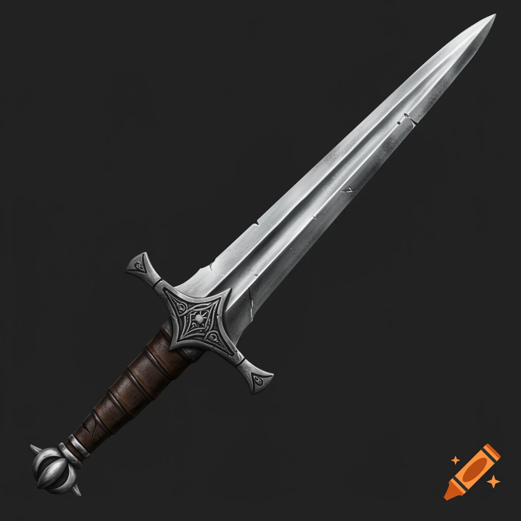 A realistic image of a medieval broadsword with a detailed hilt.