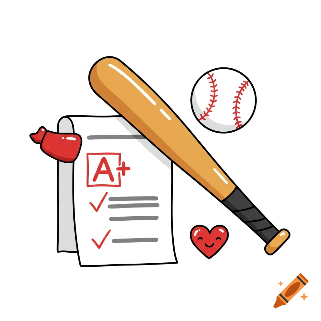 A vector graphic of a baseball bat, a baseball, a paper with an A+ grade and checkmarks, and a smiling heart.