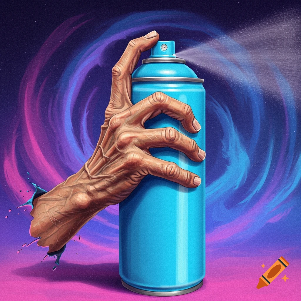 An aged hand sprays from a blue can against a swirling purple and pink background.