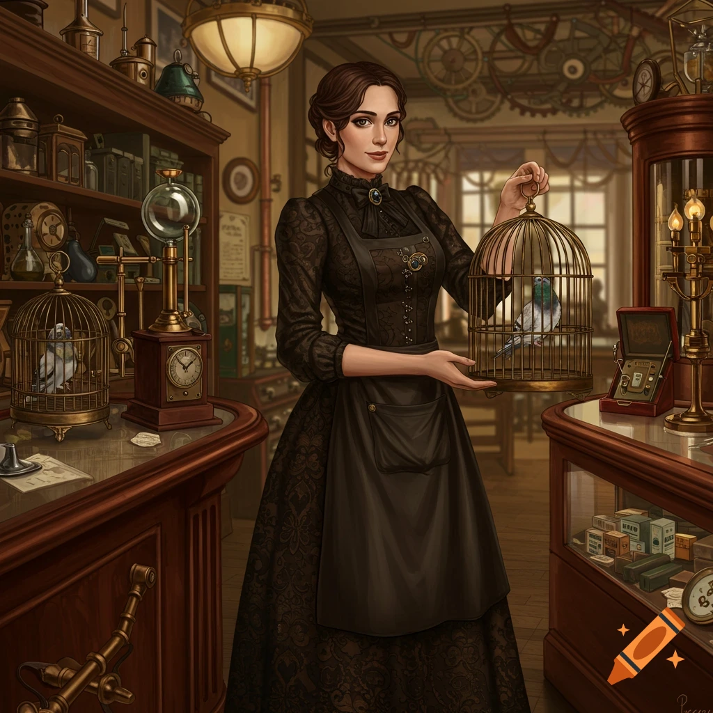 A Victorian woman in a steampunk shop holds a birdcage with a pigeon.
