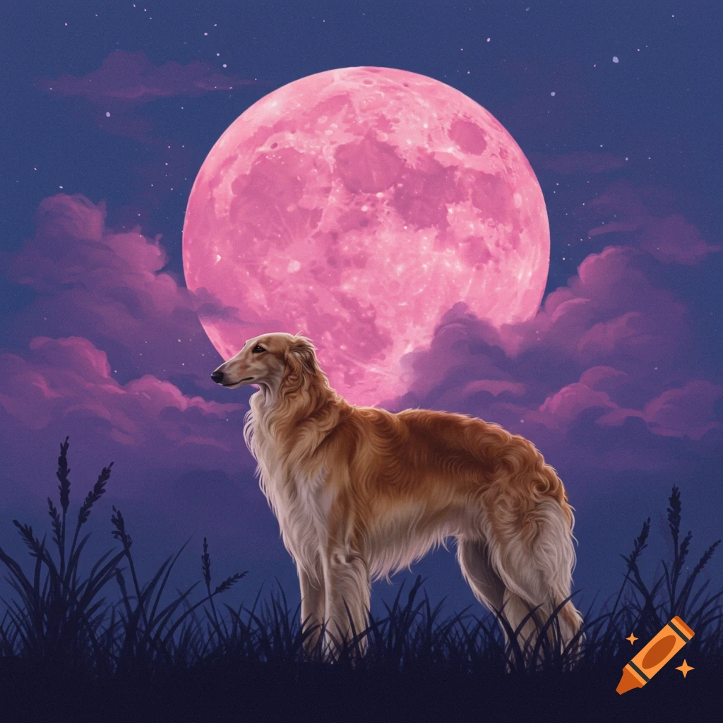 A Borzoi dog stands under a large pink full moon at night.