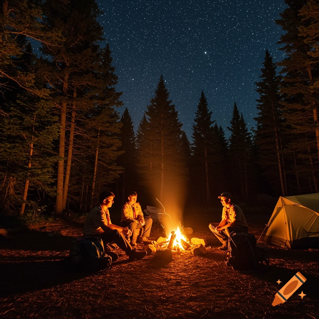 Three people sit around a campfire in a forest at night under a starry sky. A tent is nearby. Photorealistic style.