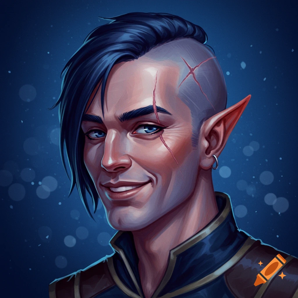 Portrait of a smiling male elf with dark blue hair, half-shaved head, pointed ears, and scars on his face and head.