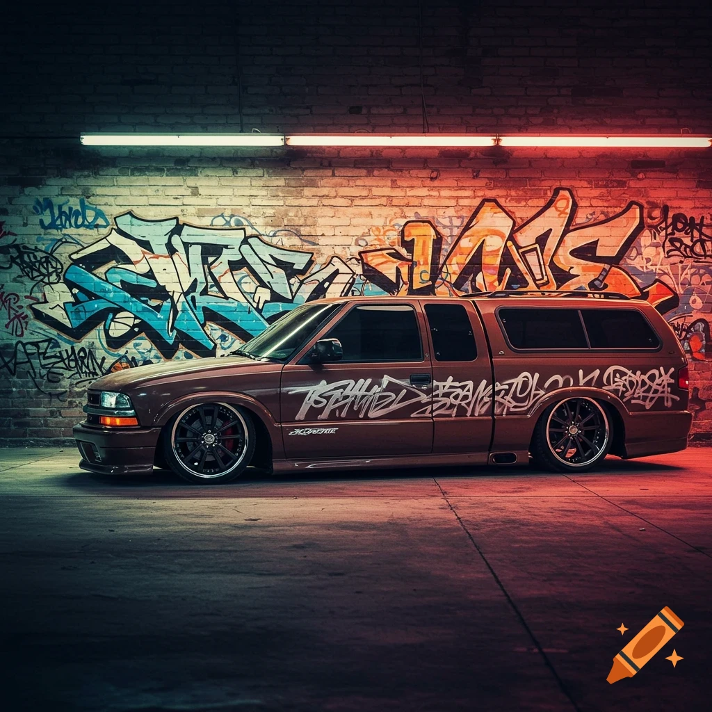 A lowered brown pickup truck with a camper shell parked in front of a brick wall covered in graffiti. The truck also has stylized text on its side.