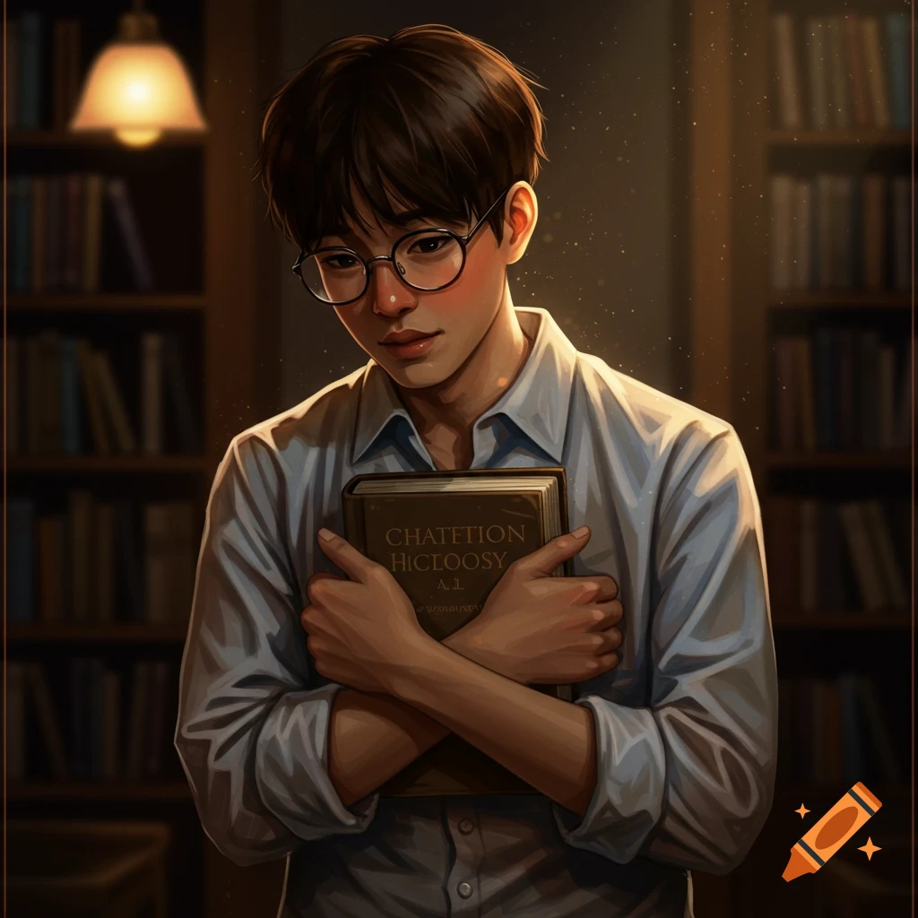 A shy male student in glasses holding a book in a library.