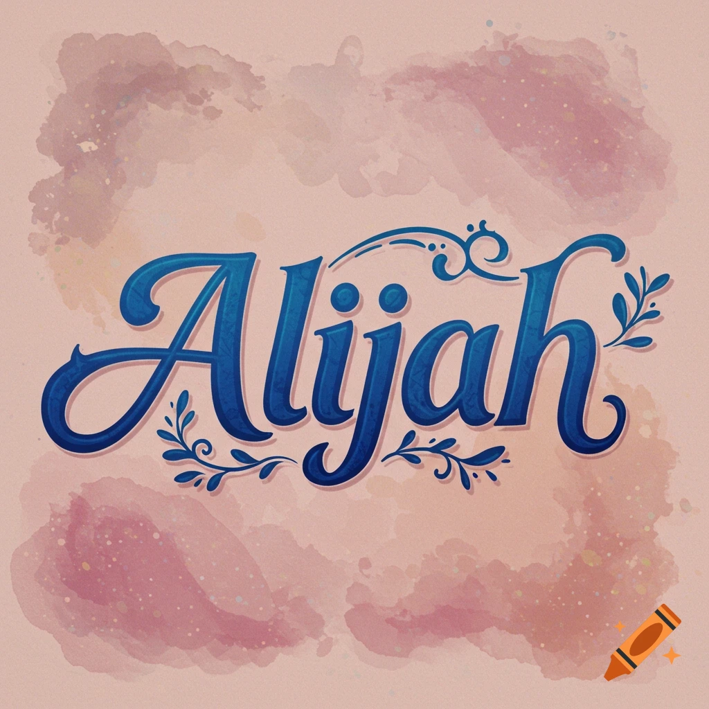 The name Alijah written in blue cursive font with decorative flourishes on a pink watercolor background.