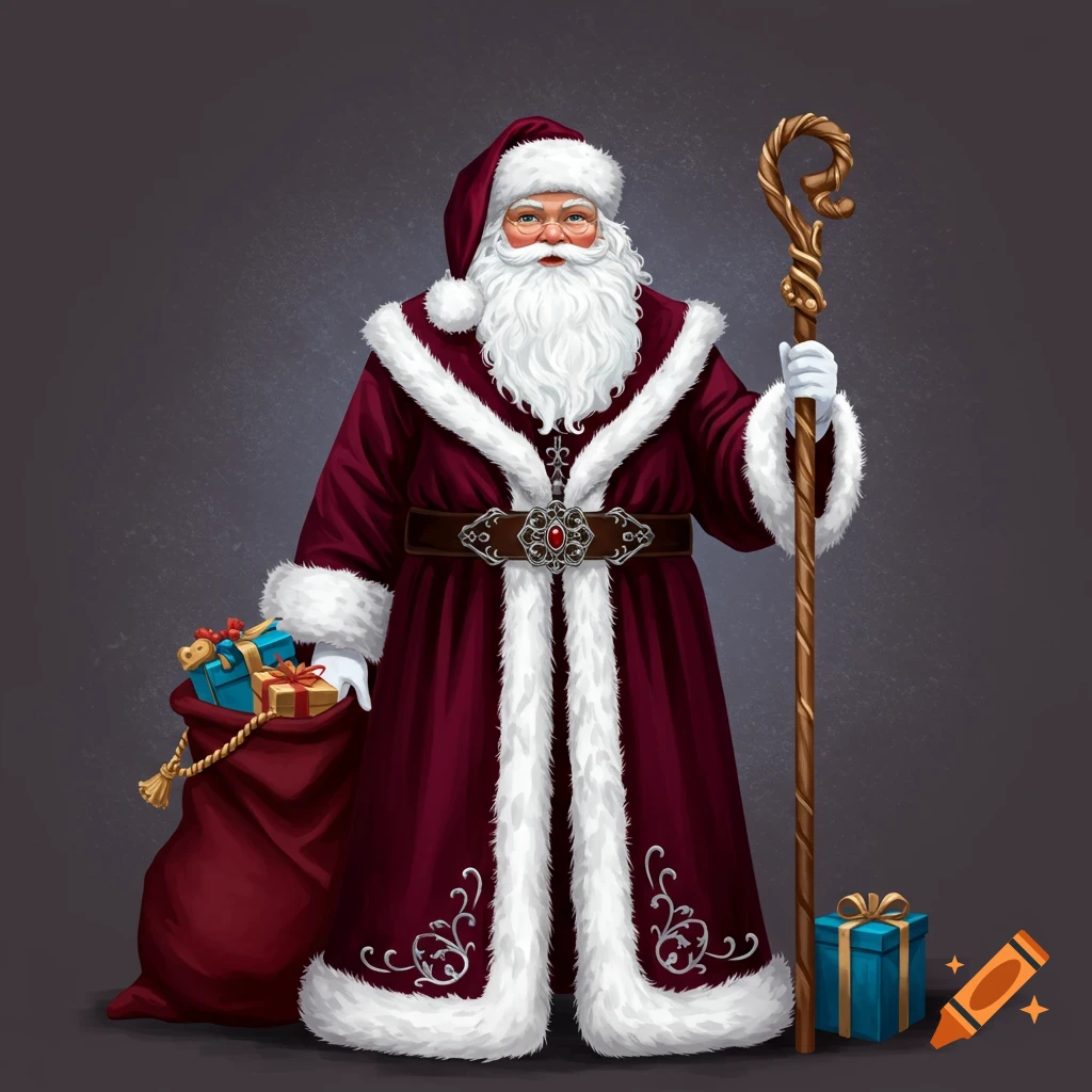 Santa Claus in a burgundy robe holding a staff and sack of presents.