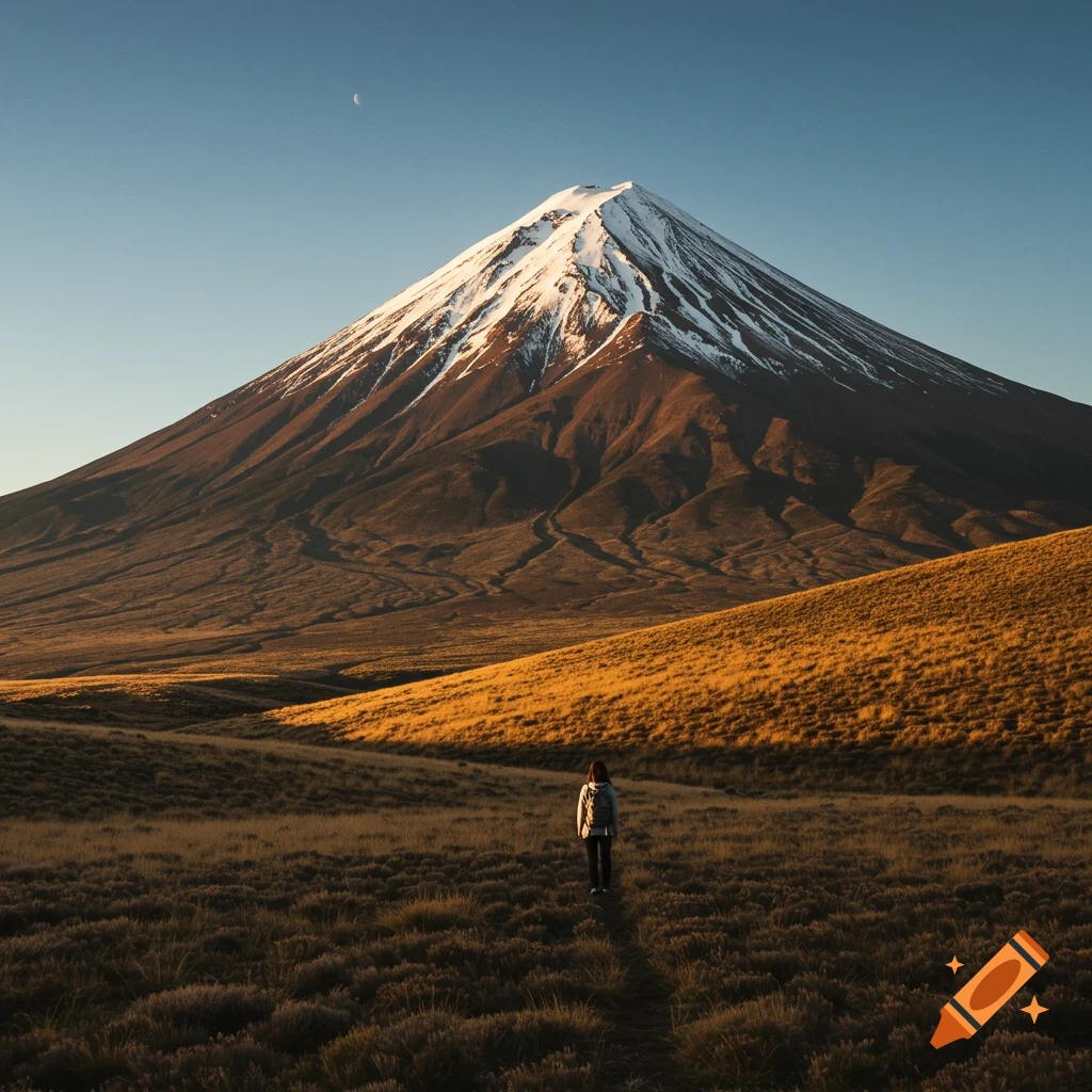 A person stands on a path in a golden field, looking up at a vast, snow-capped mountain under a blue sky with a crescent moon.